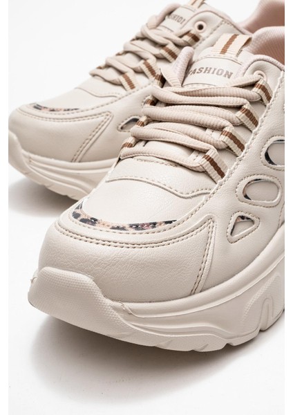 Yan Halka Desenli Kadın Spor Ayakkabı Bej Leopar modelleri
