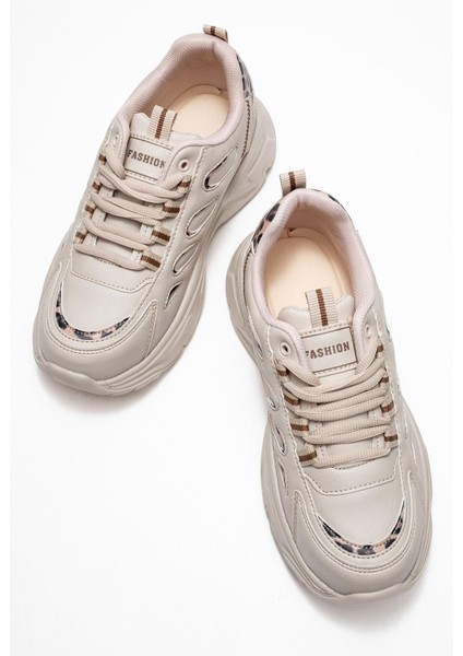 Yan Halka Desenli Kadın Spor Ayakkabı Bej Leopar indirimleri