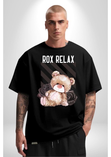 Relax Teddy Ayı Gül Grafik Baskılı Pamuklu Penye Kadın Erkek Siyah Tişört
