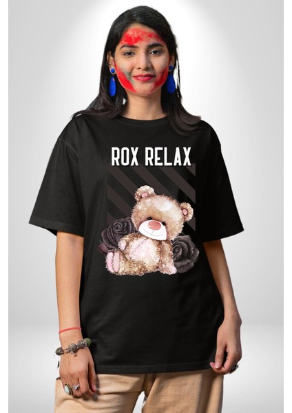 Relax Teddy Ayı Gül Grafik Baskılı Pamuklu Penye Kadın Erkek Siyah Tişört fiyatları