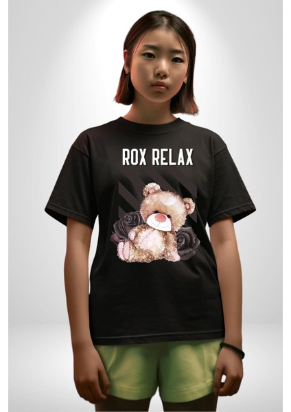 Relax Teddy Ayı Gül Grafik Baskılı Pamuklu Penye Kadın Erkek Siyah Tişört modelleri
