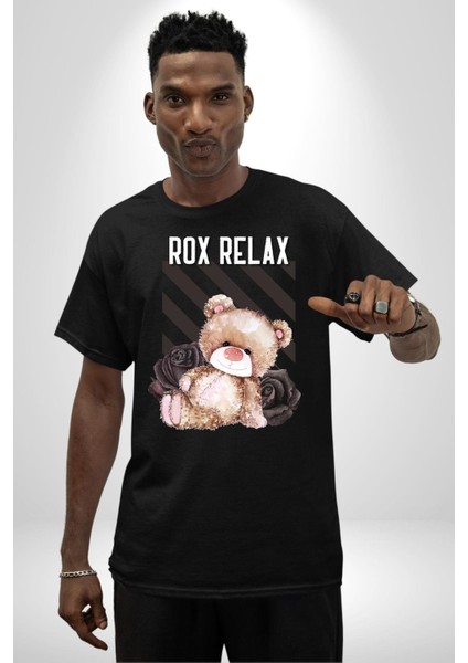 Relax Teddy Ayı Gül Grafik Baskılı Pamuklu Penye Kadın Erkek Siyah Tişört fırsatları
