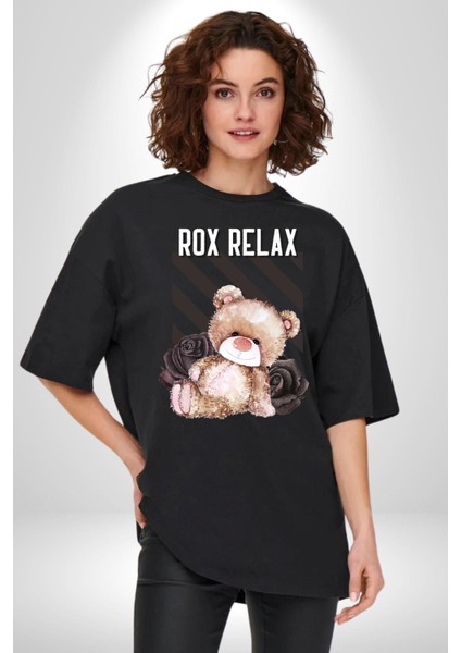 Relax Teddy Ayı Gül Grafik Baskılı Pamuklu Penye Kadın Erkek Siyah Tişört indirimleri