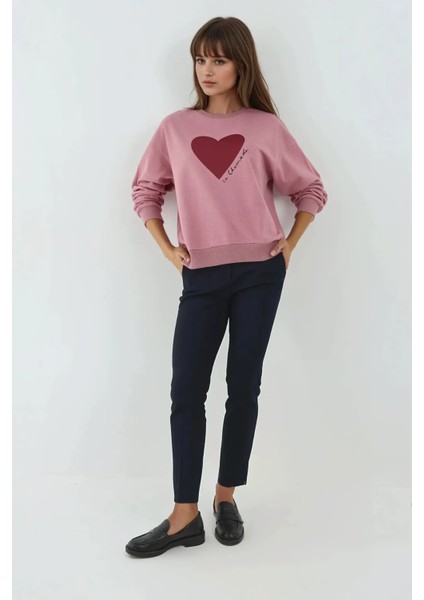 Kadın Baskılı Yuvarlak Yaka Sweatshirt Tozlu Gül Pembesi indirimleri