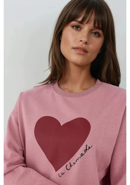 Kadın Baskılı Yuvarlak Yaka Sweatshirt Tozlu Gül Pembesi