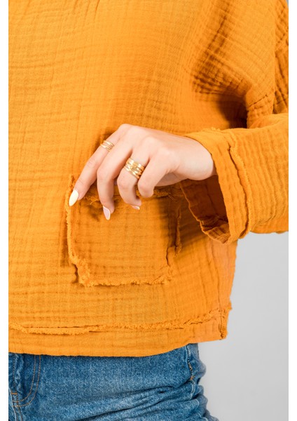 Müslin Kadın Cep Detaylı Uzun Kol Bluz