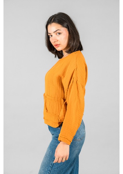 Müslin Kadın Cep Detaylı Uzun Kol Bluz