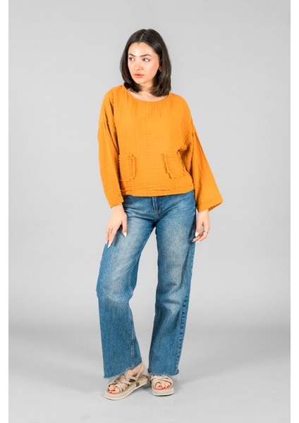 Müslin Kadın Cep Detaylı Uzun Kol Bluz