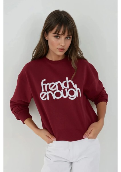 Kadın Baskılı Yuvarlak Yaka Uzun Kollu Sweatshirt Red