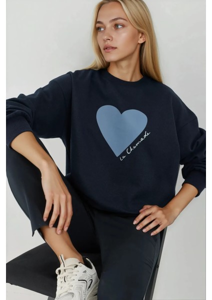 Kadın Baskılı Yuvarlak Yaka Sweatshirt Blue