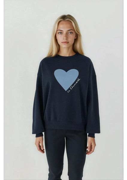 Kadın Baskılı Yuvarlak Yaka Sweatshirt Blue fırsatları