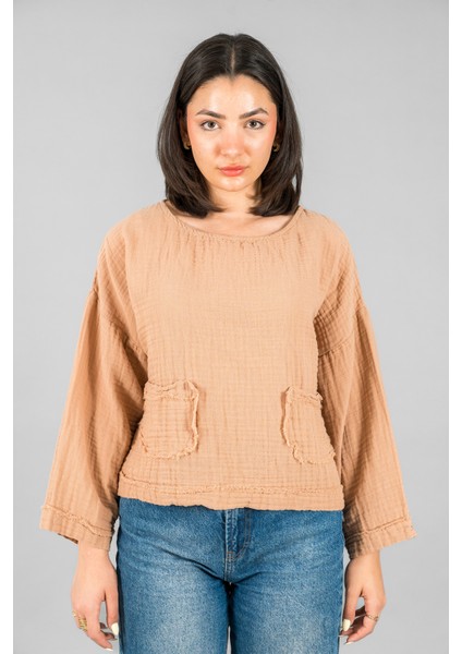 Müslin Kadın Cep Detaylı Uzun Kol Bluz