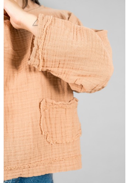 Müslin Kadın Cep Detaylı Uzun Kol Bluz