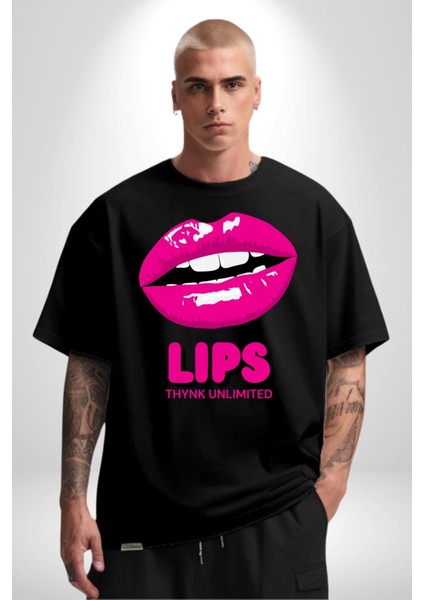 Lips Ruj Pembe Dudak Sınırsız Düşün Grafik Baskılı Pamuklu Penye Kadın Erkek Siyah Tişört