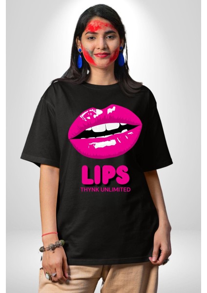 Lips Ruj Pembe Dudak Sınırsız Düşün Grafik Baskılı Pamuklu Penye Kadın Erkek Siyah Tişört fiyatları