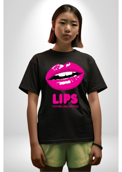 Lips Ruj Pembe Dudak Sınırsız Düşün Grafik Baskılı Pamuklu Penye Kadın Erkek Siyah Tişört modelleri