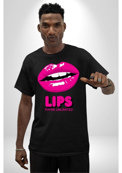 Lips Ruj Pembe Dudak Sınırsız Düşün Grafik Baskılı Pamuklu Penye Kadın Erkek Siyah Tişört fırsatları