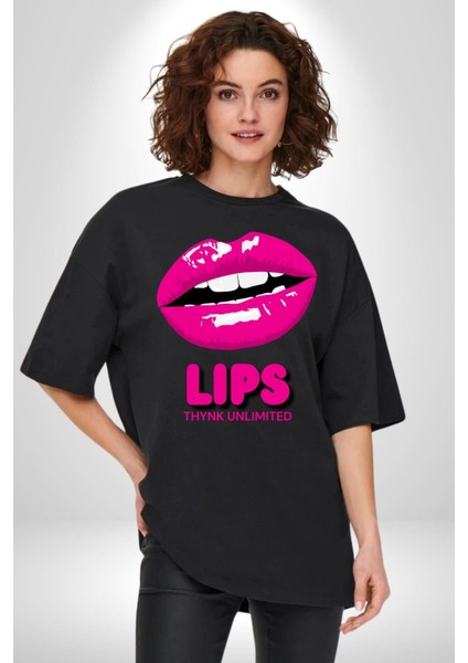 Lips Ruj Pembe Dudak Sınırsız Düşün Grafik Baskılı Pamuklu Penye Kadın Erkek Siyah Tişört indirimleri
