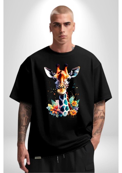 Yapay Zeka Sanat Zürafa Çiçekler Çizimi Grafik Baskılı Pamuklu Penye Kadın Erkek Siyah Tişört