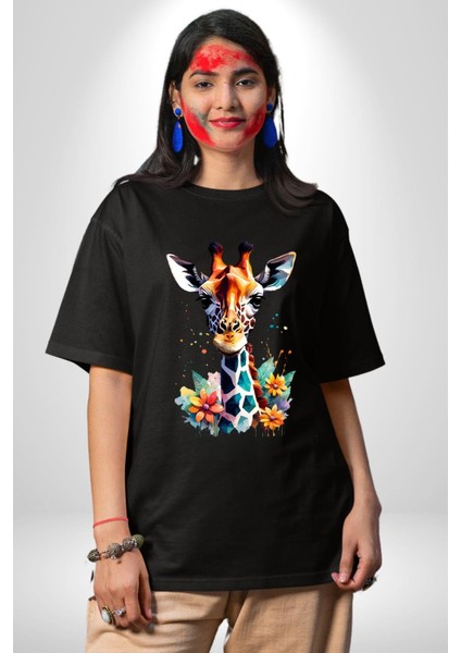 Yapay Zeka Sanat Zürafa Çiçekler Çizimi Grafik Baskılı Pamuklu Penye Kadın Erkek Siyah Tişört fiyatları