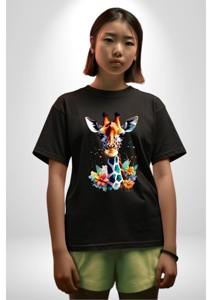 Yapay Zeka Sanat Zürafa Çiçekler Çizimi Grafik Baskılı Pamuklu Penye Kadın Erkek Siyah Tişört modelleri