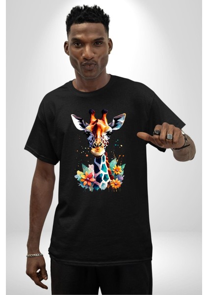 Yapay Zeka Sanat Zürafa Çiçekler Çizimi Grafik Baskılı Pamuklu Penye Kadın Erkek Siyah Tişört fırsatları
