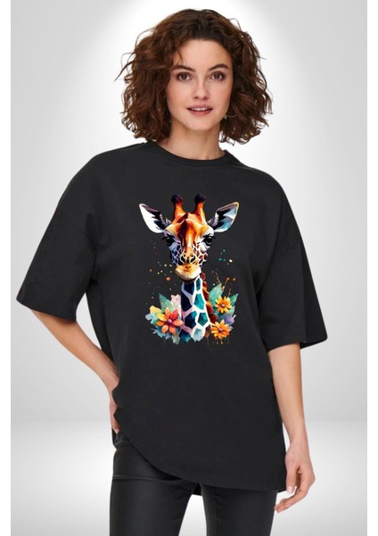 Yapay Zeka Sanat Zürafa Çiçekler Çizimi Grafik Baskılı Pamuklu Penye Kadın Erkek Siyah Tişört indirimleri