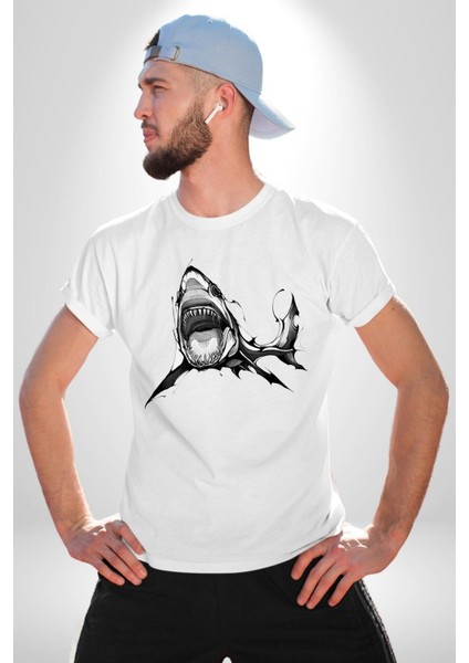 Dövme Shark Okyanus Köpekbalığı Grafik Baskılı Pamuklu Penye Kadın Erkek Beyaz Tişört