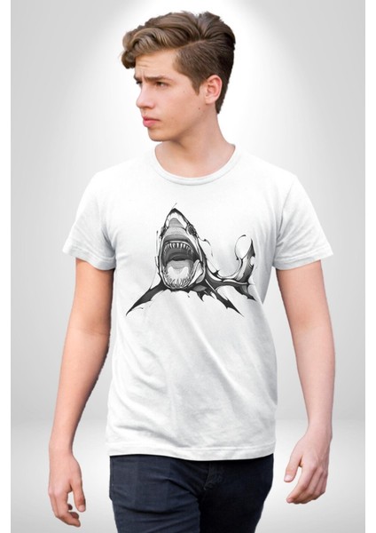Dövme Shark Okyanus Köpekbalığı Grafik Baskılı Pamuklu Penye Kadın Erkek Beyaz Tişört fiyatları