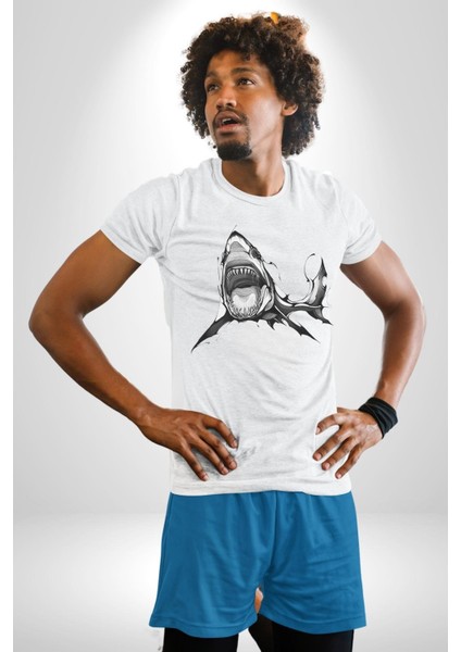 Dövme Shark Okyanus Köpekbalığı Grafik Baskılı Pamuklu Penye Kadın Erkek Beyaz Tişört modelleri
