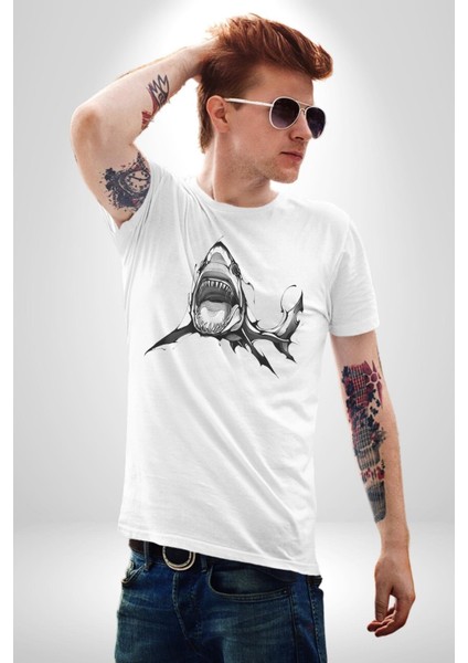 Dövme Shark Okyanus Köpekbalığı Grafik Baskılı Pamuklu Penye Kadın Erkek Beyaz Tişört fırsatları