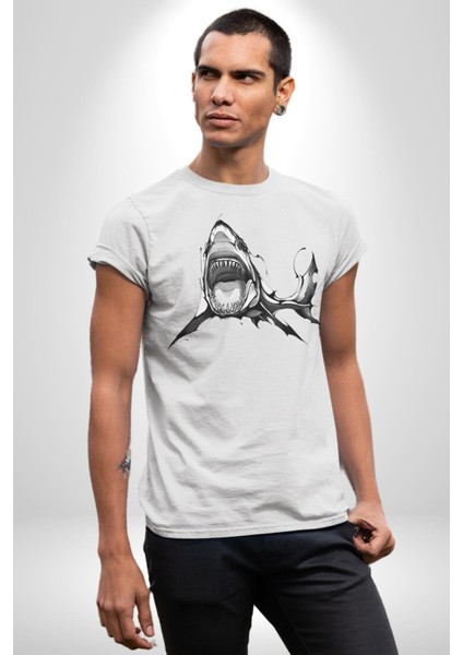Dövme Shark Okyanus Köpekbalığı Grafik Baskılı Pamuklu Penye Kadın Erkek Beyaz Tişört indirimleri