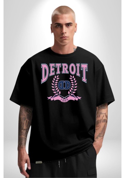 Detroit Kampüs Grafik Baskılı Pamuklu Penye Kadın Erkek Siyah Tişört