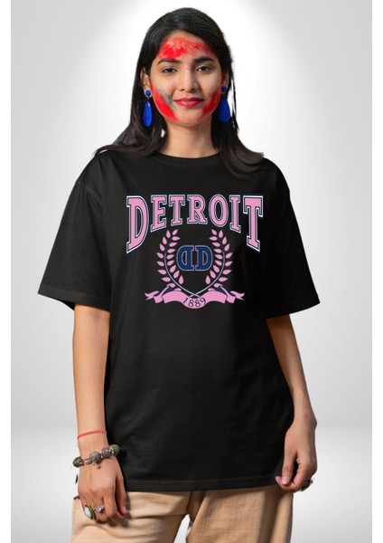 Detroit Kampüs Grafik Baskılı Pamuklu Penye Kadın Erkek Siyah Tişört fiyatları