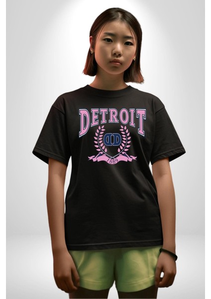 Detroit Kampüs Grafik Baskılı Pamuklu Penye Kadın Erkek Siyah Tişört modelleri