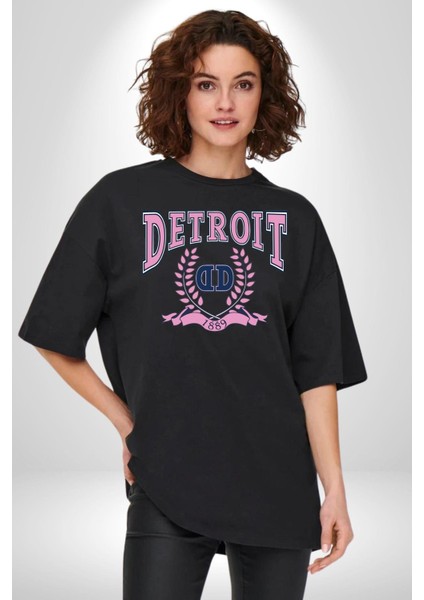 Detroit Kampüs Grafik Baskılı Pamuklu Penye Kadın Erkek Siyah Tişört indirimleri
