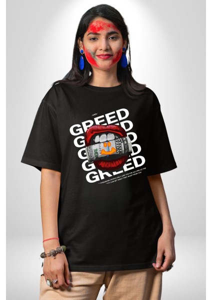 Dudak Dolar Açgözlülük Simgesi Grafik Baskılı Pamuklu Penye Kadın Erkek Siyah Tişört