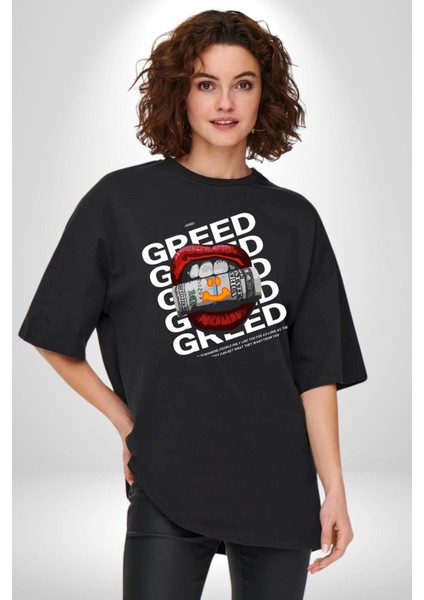 Dudak Dolar Açgözlülük Simgesi Grafik Baskılı Pamuklu Penye Kadın Erkek Siyah Tişört fırsatları