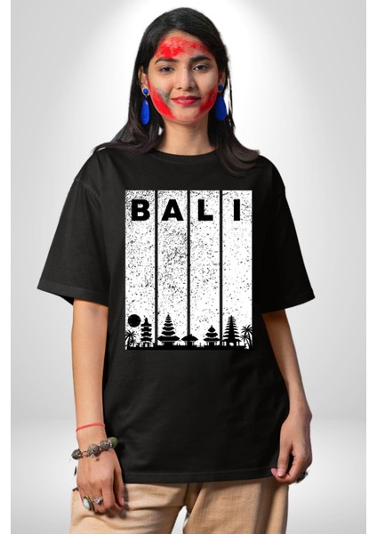 Bali Endonezya Grafik Baskılı Pamuklu Penye Kadın Erkek Siyah Tişört