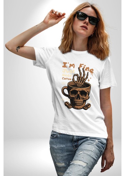 Iskelet Kupa Sadece Iyi Kahveye Ihtiyacım Var Grafik Baskılı Pamuklu Penye Kadın Erkek Beyaz Tişört