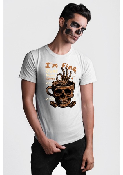Iskelet Kupa Sadece Iyi Kahveye Ihtiyacım Var Grafik Baskılı Pamuklu Penye Kadın Erkek Beyaz Tişört modelleri