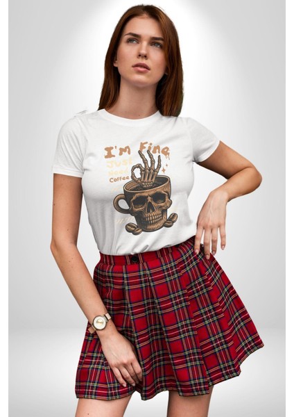 Iskelet Kupa Sadece Iyi Kahveye Ihtiyacım Var Grafik Baskılı Pamuklu Penye Kadın Erkek Beyaz Tişört fırsatları