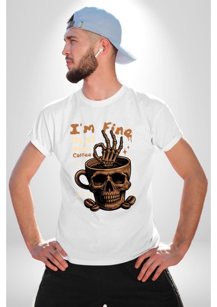 Iskelet Kupa Sadece Iyi Kahveye Ihtiyacım Var Grafik Baskılı Pamuklu Penye Kadın Erkek Beyaz Tişört indirimleri