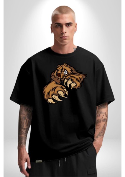 Öfkeli Ayı Pençesi - Güç ve Yırtıcılık Teması Grafik Baskılı Pamuklu Penye Kadın Erkek Siyah Tişört modelleri