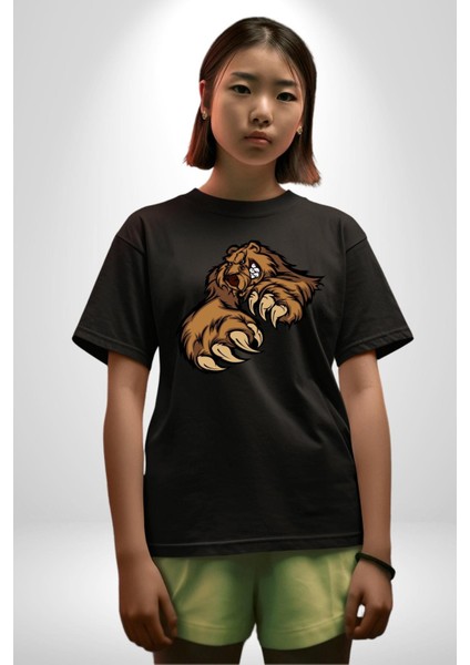 Öfkeli Ayı Pençesi - Güç ve Yırtıcılık Teması Grafik Baskılı Pamuklu Penye Kadın Erkek Siyah Tişört indirimleri