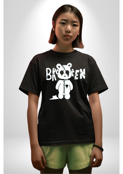 Kırık Kalp Ayı Grafik Baskılı Pamuklu Penye Kadın Erkek Siyah Tişört