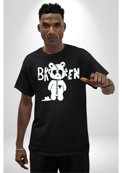 Kırık Kalp Ayı Grafik Baskılı Pamuklu Penye Kadın Erkek Siyah Tişört fiyatları