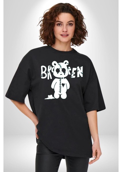 Kırık Kalp Ayı Grafik Baskılı Pamuklu Penye Kadın Erkek Siyah Tişört modelleri