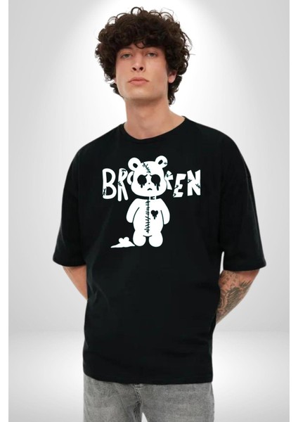 Kırık Kalp Ayı Grafik Baskılı Pamuklu Penye Kadın Erkek Siyah Tişört fırsatları