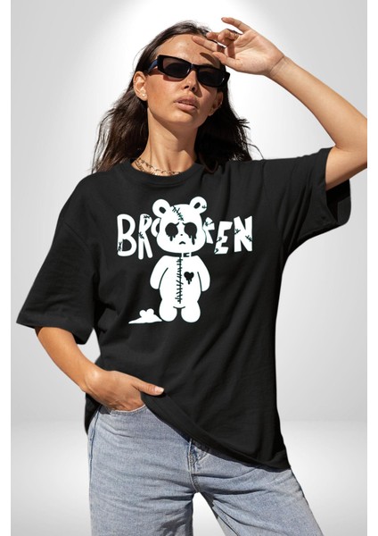 Kırık Kalp Ayı Grafik Baskılı Pamuklu Penye Kadın Erkek Siyah Tişört indirimleri